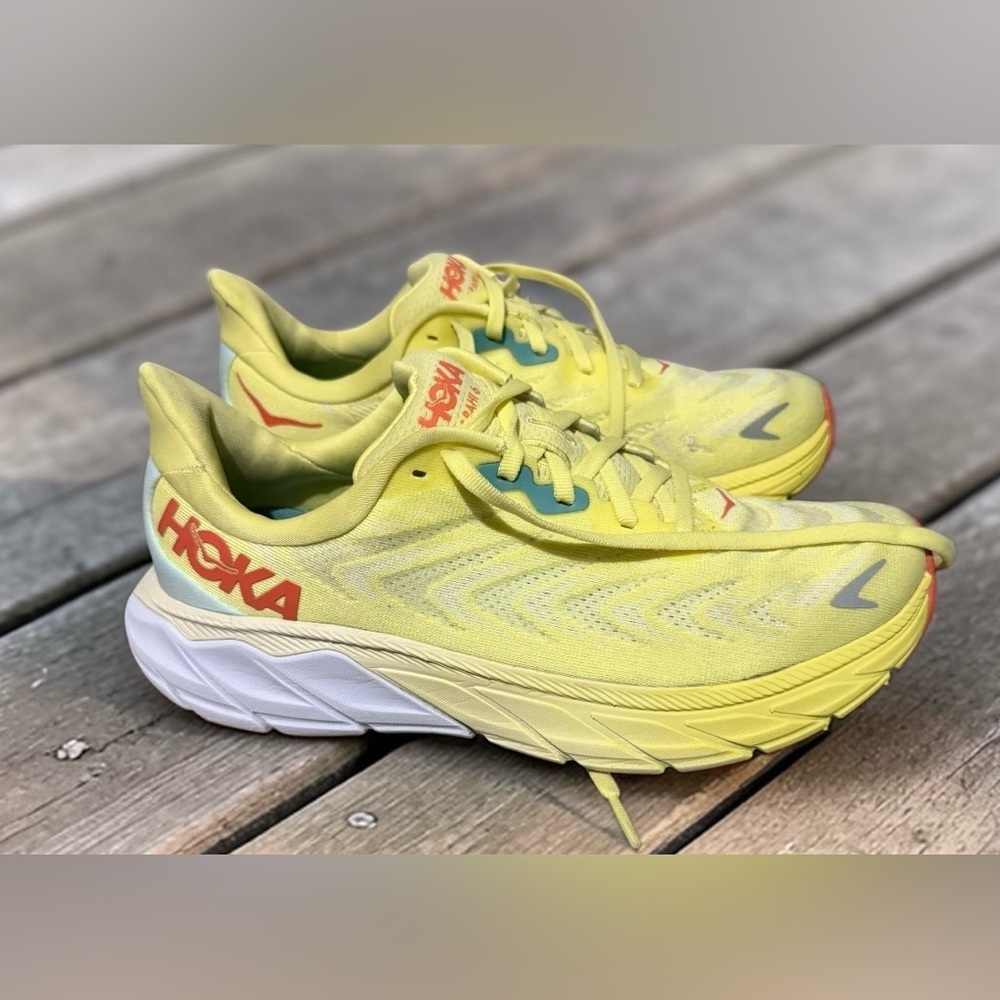 Hoka Lemon Yellow Running Shoes with Red Logo